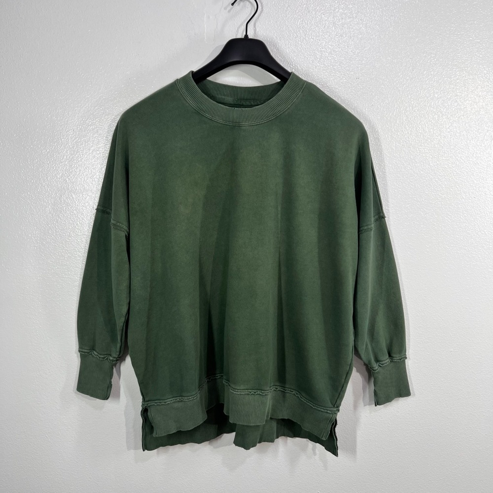 Aerie Distressed Oversized Sweatshirt Women's S/P Olive Green Crewneck Pullover
